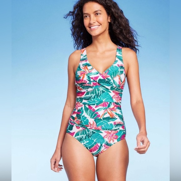 Woman’s Full Coverage Tummy Control Tropical Print Front Wrap OnePiece Swimsuit - Picture 1 of 4